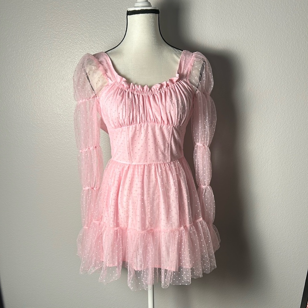 Sugar Thrillz “Show Pony” Pink Ruched Tiered Mini Dress (Size XS)